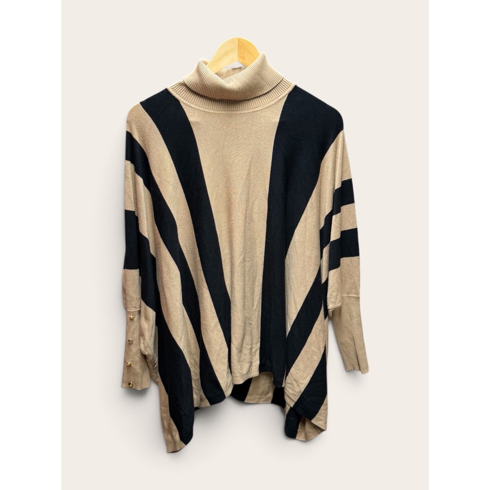 JM Collection Womens XL Oversized Turtleneck Sweater Tan Black Gold Button Top
